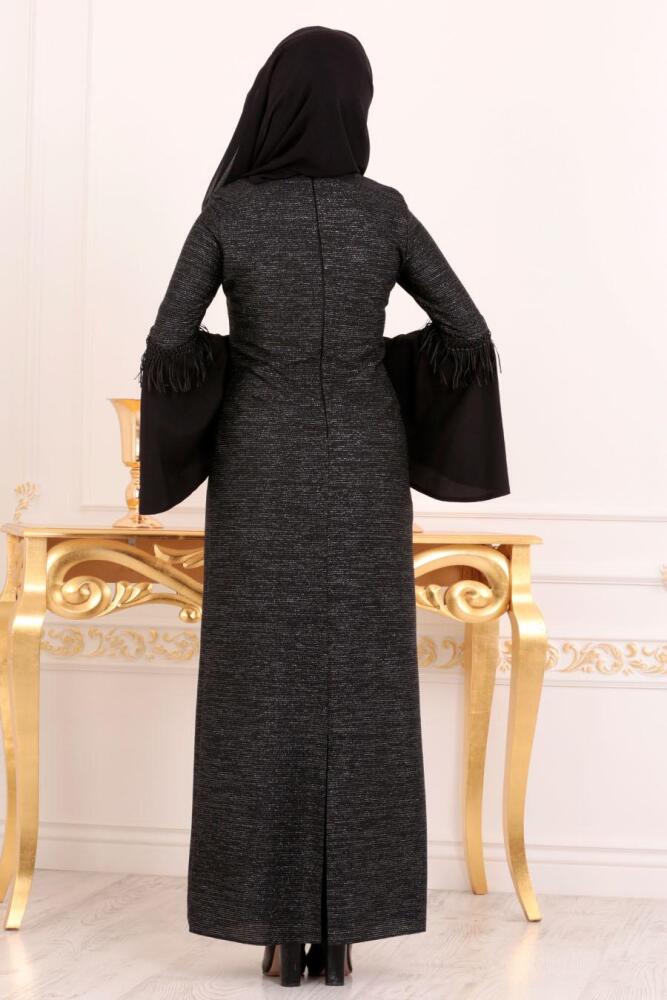 Nayla Collection - Volan Kollu Siyah Tesettür Abiye Elbise 42490S - 2