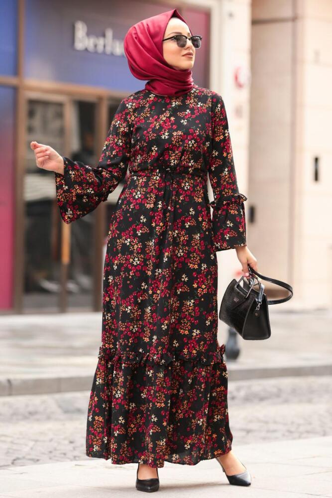 Nayla Collection - Volan Kollu Siyah Tesettür Elbise 1254S - 1