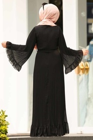 Nayla Collection - Volan Kollu Siyah Tesettür Elbise 1310S - Thumbnail