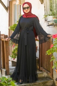 Nayla Collection - Volan Kollu Siyah Tesettür Elbise 1340S - Thumbnail