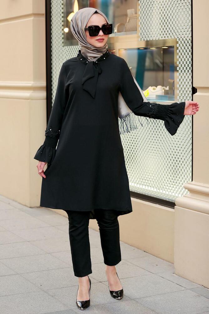 Nayla Collection - Volan Kollu Siyah Tesettür Tunik 40580S - 2