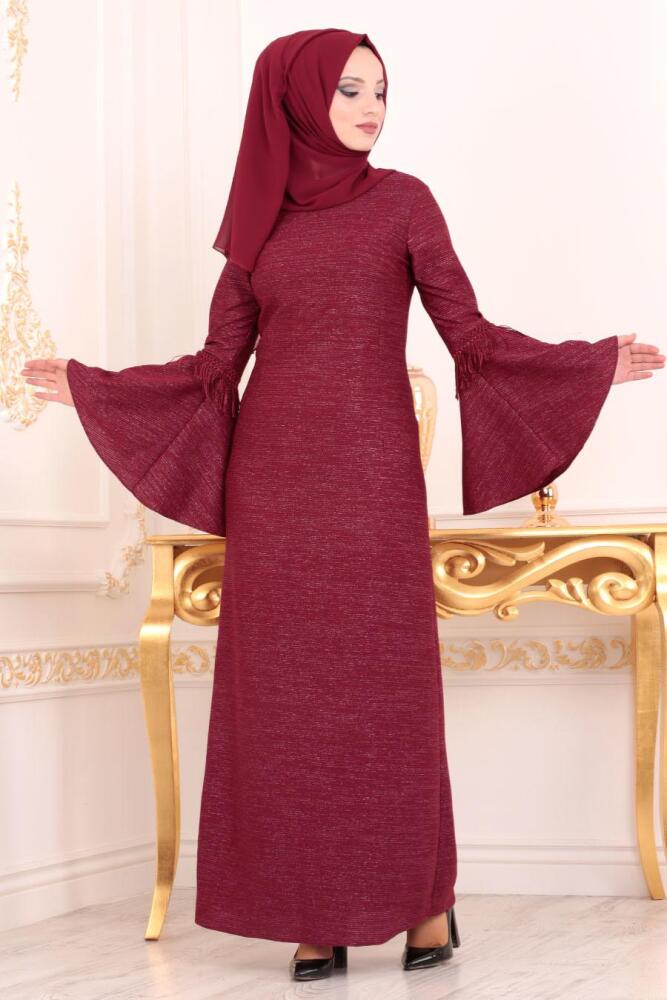Nayla Collection - Volan Kollu Vişne Tesettür Abiye Elbise 42490VSN - 1