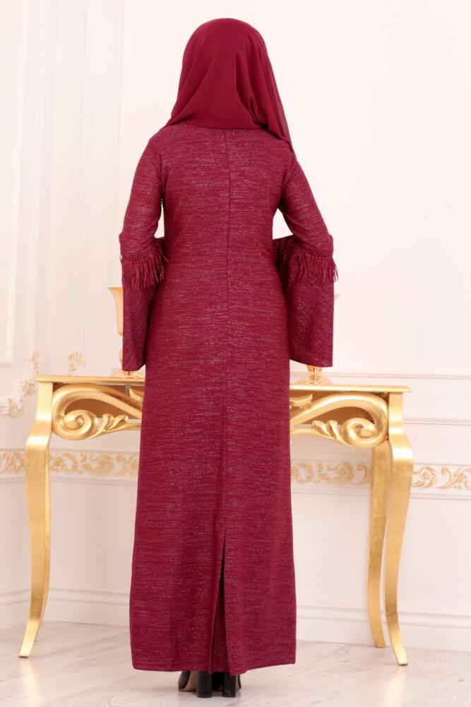 Nayla Collection - Volan Kollu Vişne Tesettür Abiye Elbise 42490VSN - 2