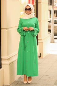 Nayla Collection - Volan Kollu Yeşil Tesettür Elbise 2174Y - Thumbnail