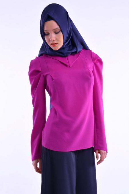 Nayla Collection - Yakalı Fuşya Bluz - 2