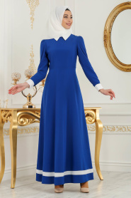 Nayla Collection - Yakalı Sax Mavisi Tesettür Elbise 7030-01SX - Thumbnail