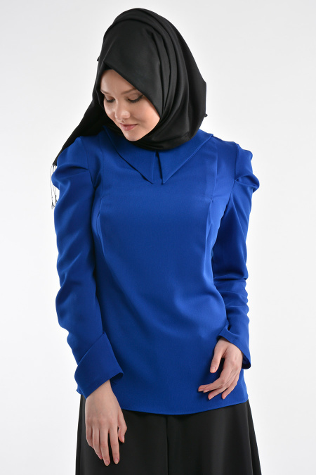Nayla Collection - Yakalı Sax Mavi Bluz