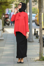 Nayla Collection - Yakası Bağlamalı Kırmızı Tesettür Bluz 10221K - Thumbnail