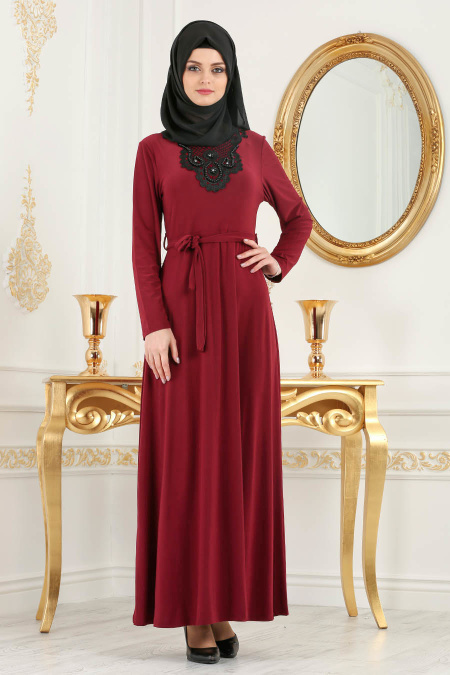 Nayla Collection - Yakası Detaylı Bordo Tesettür Elbise 533BR
