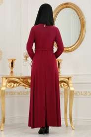 Nayla Collection - Yakası Detaylı Bordo Tesettür Elbise 533BR - Thumbnail