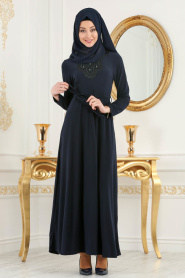 Nayla Collection - Yakası Detaylı Lacivert Tesettür Elbise 533L - Thumbnail