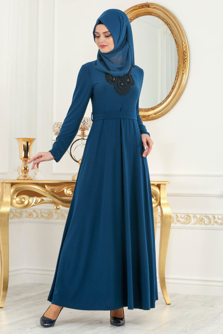 Nayla Collection - Yakası Detaylı Petrol Mavisi Tesettür Elbise 533PM