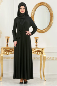 Nayla Collection - Yakası Detaylı Siyah Tesettür Elbise 533S - Thumbnail