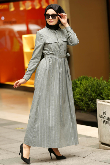 Nayla Collection - Yakası Düğmeli Gri Tesettür Elbise 19084GR