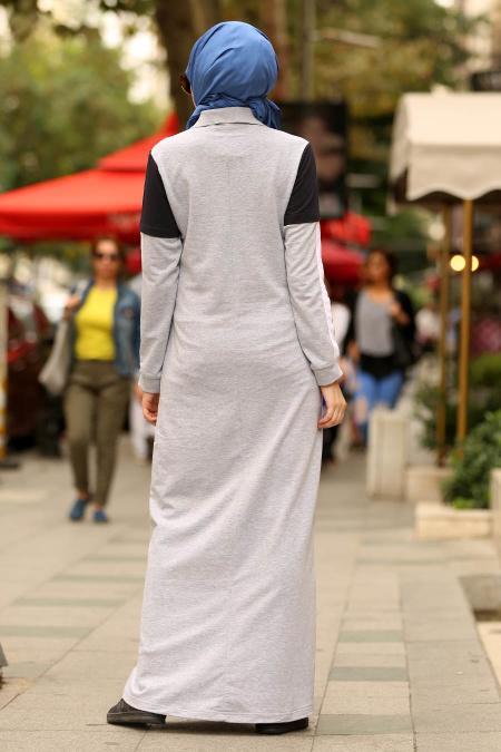 Nayla Collection - Yakası Düğmeli Gri Tesettür Elbise 82360GR - 2