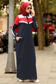 Nayla Collection - Yakası Düğmeli Lacivert Tesettür Elbise 82360L - Thumbnail