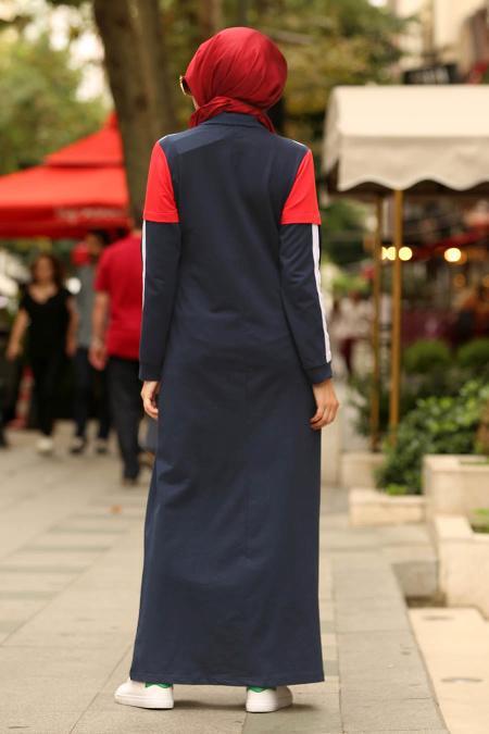 Nayla Collection - Yakası Düğmeli Lacivert Tesettür Elbise 82360L - 3