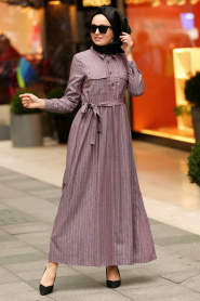 Nayla Collection - Yakası Düğmeli Lila Tesettür Elbise 19084LILA - Thumbnail