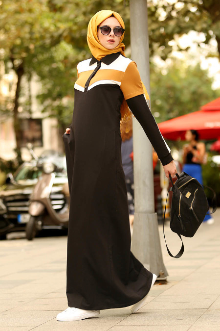 Nayla Collection - Yakası Düğmeli Siyah Tesettür Elbise 82360S