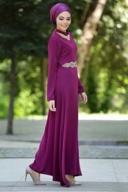 Nayla Collection - Yakası Taşlı Fuşya Elbise - Thumbnail