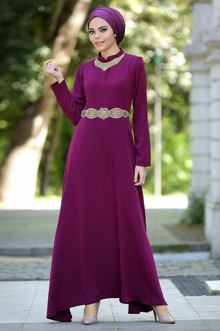 Nayla Collection - Yakası Taşlı Fuşya Elbise