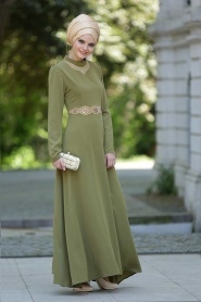 Nayla Collection - Yakası Taşlı Haki Elbise - Thumbnail