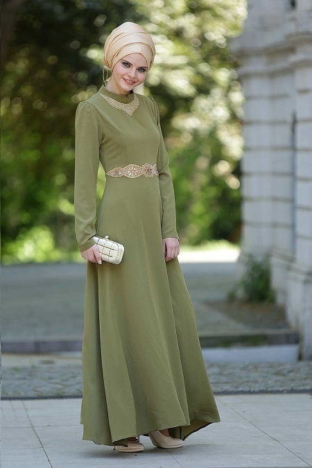 Nayla Collection - Yakası Taşlı Haki Elbise