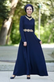 Nayla Collection - Yakası Taşlı Lacivert Elbise - Thumbnail