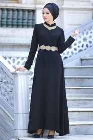 Nayla Collection - Yakası Taşlı Siyah Elbise - Thumbnail