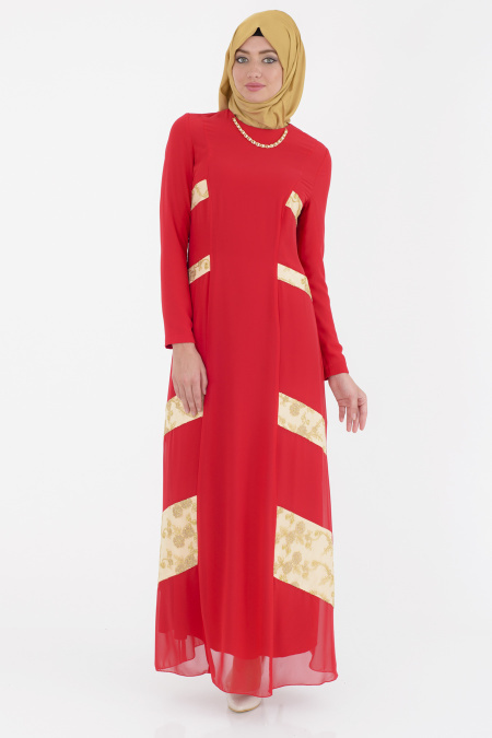 Nayla Collection - Yanları Payetli Kırmızı Elbise