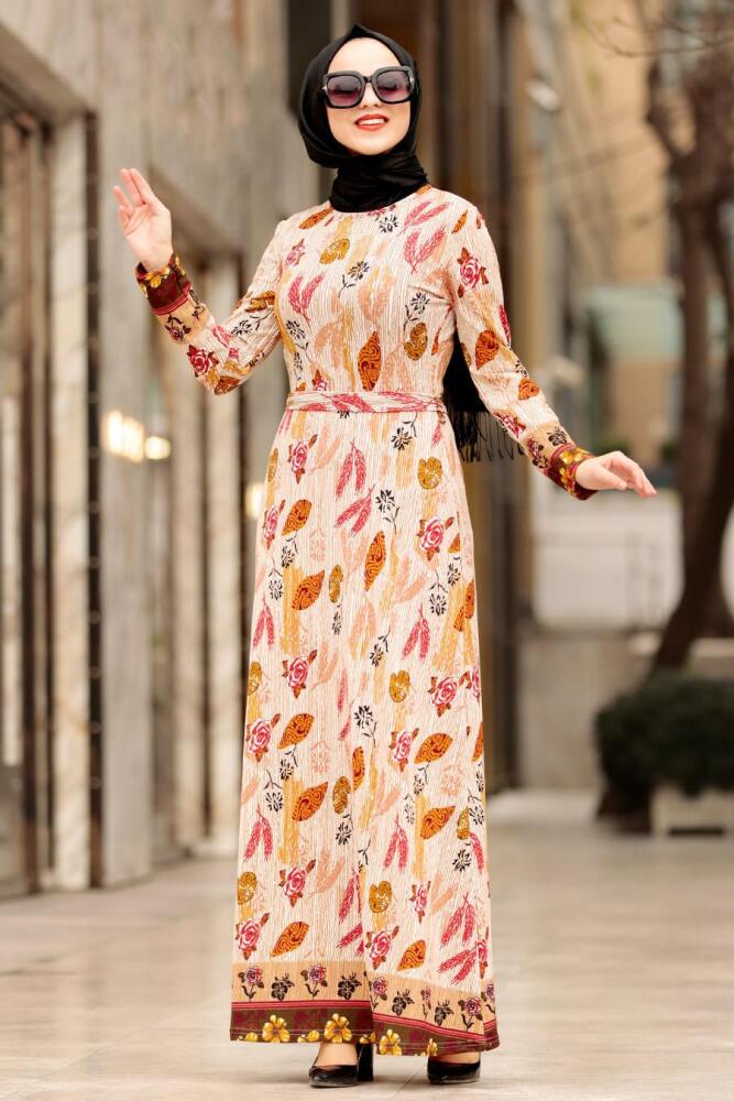 Nayla Collection - Yaprak Desenli Bej Tesettür Elbise 1017BEJ - 1
