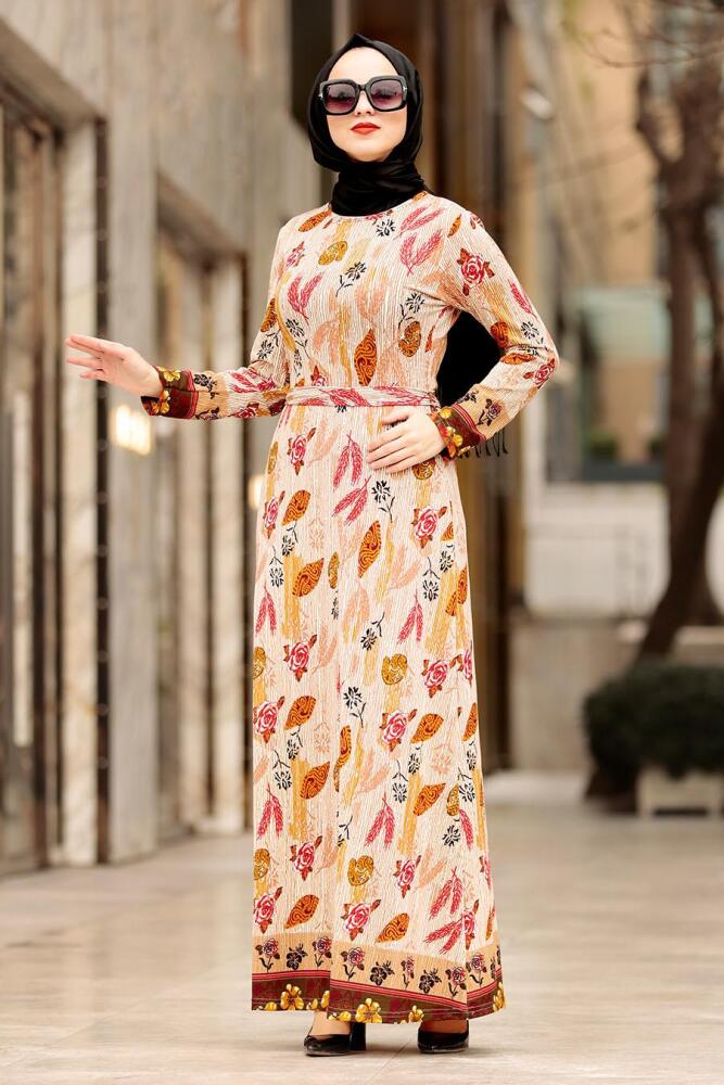 Nayla Collection - Yaprak Desenli Bej Tesettür Elbise 1017BEJ - 2