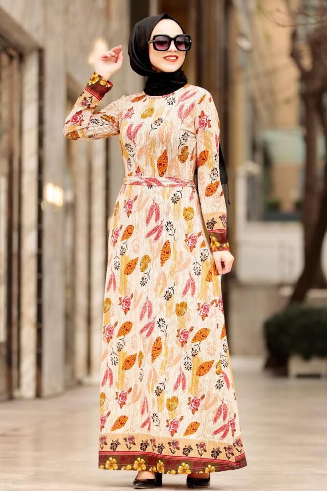 Nayla Collection - Yaprak Desenli Bej Tesettür Elbise 1017BEJ - 3