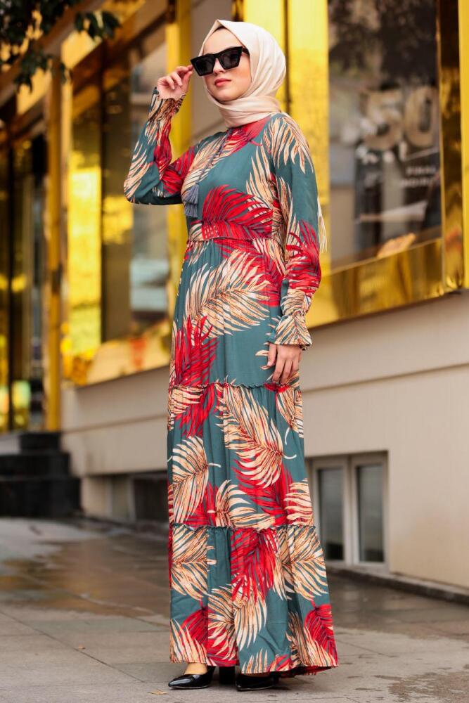 Nayla Collection - Yaprak Desenli Çağla Yeşili Tesettür Elbise 10083CY - 1