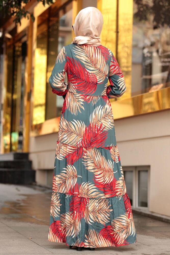 Nayla Collection - Yaprak Desenli Çağla Yeşili Tesettür Elbise 10083CY - 2