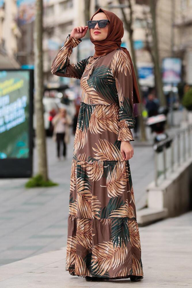 Nayla Collection - Yaprak Desenli Kahverengi Tesettür Elbise 10083KH - 1