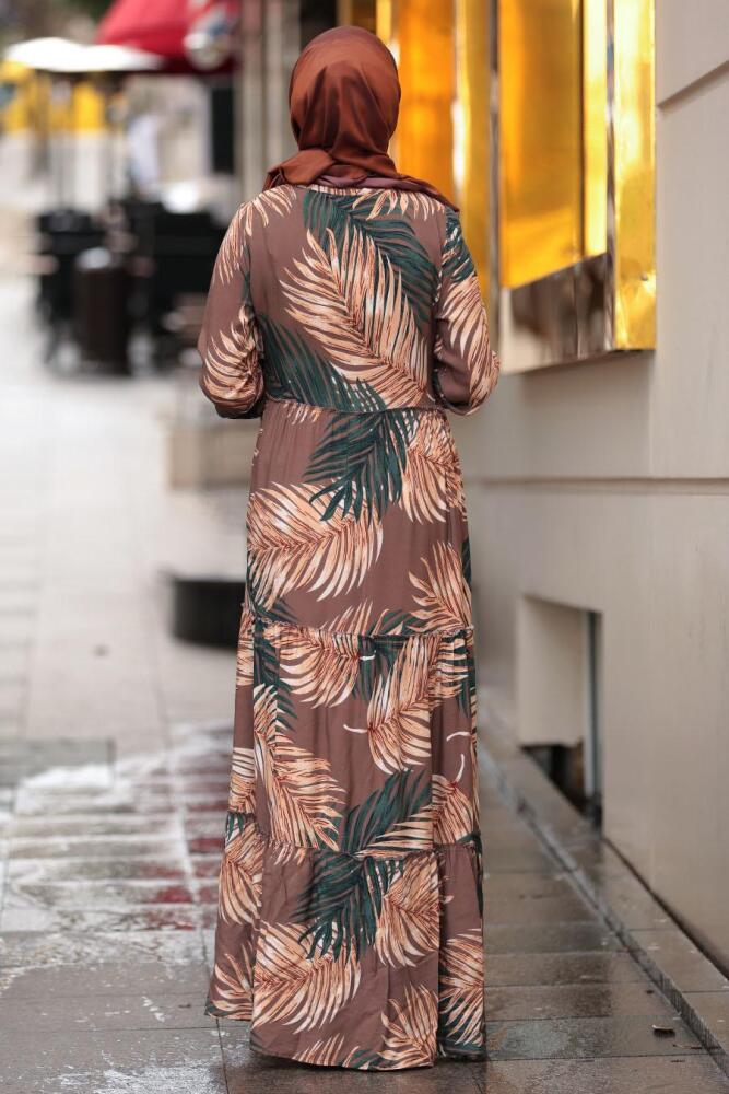 Nayla Collection - Yaprak Desenli Kahverengi Tesettür Elbise 10083KH - 2