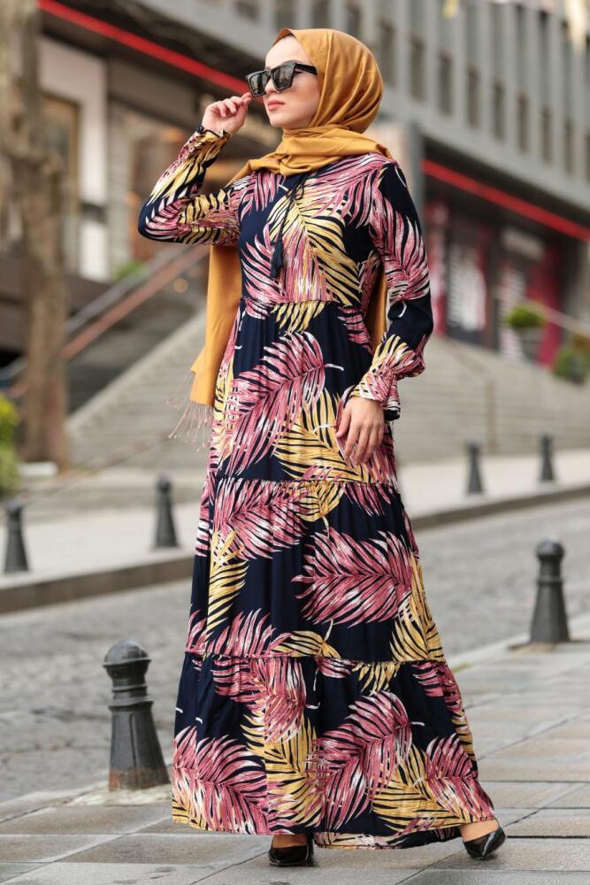 Nayla Collection - Yaprak Desenli Lacivert Tesettür Elbise 10083L - 1