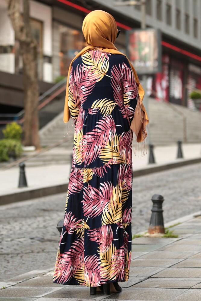 Nayla Collection - Yaprak Desenli Lacivert Tesettür Elbise 10083L - 2
