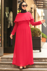 Nayla Collection - Yarasa Kol Kırmızı Tesettür Elbise 4166K - Thumbnail
