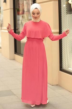 Nayla Collection - Yarasa Kol Pembe Tesettür Elbise 4166P - 1