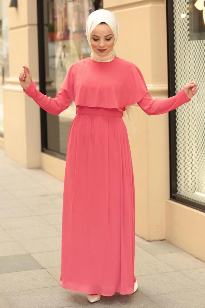 Nayla Collection - Yarasa Kol Pembe Tesettür Elbise 4166P - 1