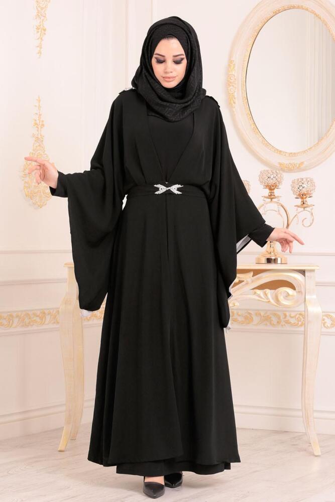 Nayla Collection - Yarasa Kol Siyah Tesettür Abaya 9505S - 1