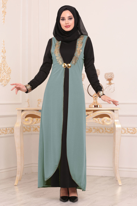 Nayla Collection - Yelekli Çağla Yeşili Tesettür Elbise 100303CY