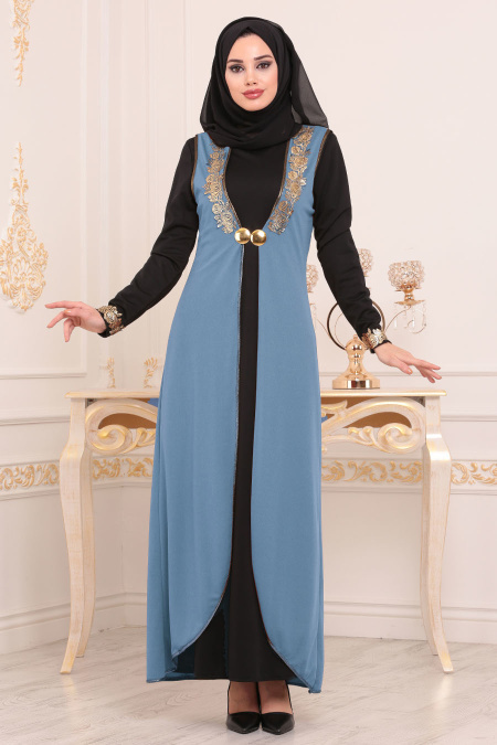 Nayla Collection - Yelekli Mavi Tesettür Elbise 100303M