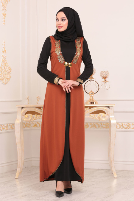 Nayla Collection - Yelekli Taba Tesettür Elbise 100303TB