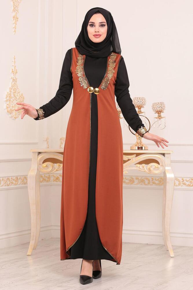 Nayla Collection - Yelekli Taba Tesettür Elbise 100303TB - 2