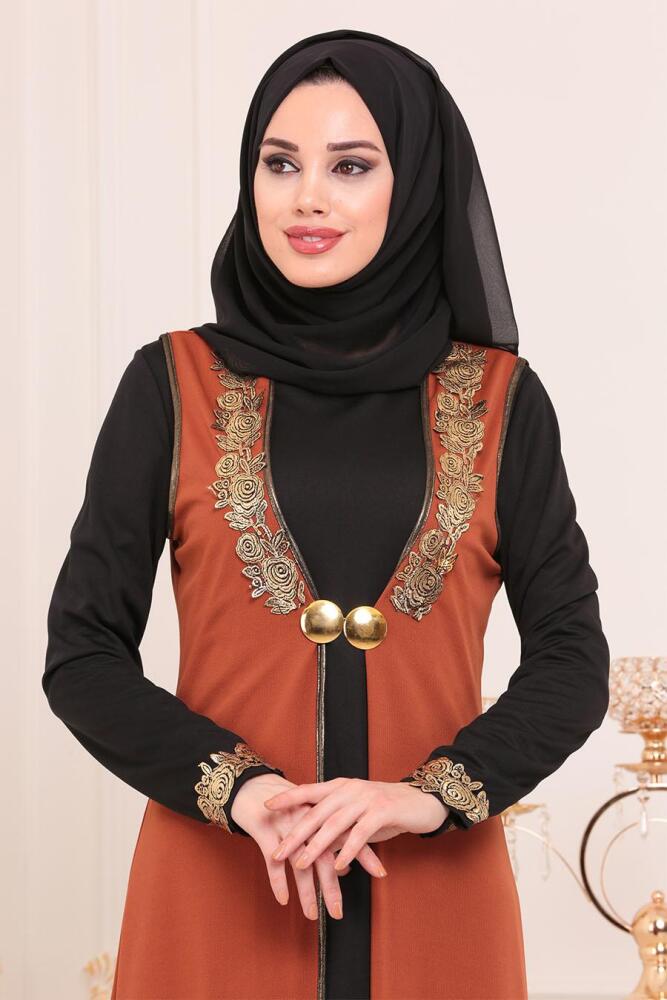 Nayla Collection - Yelekli Taba Tesettür Elbise 100303TB - 3