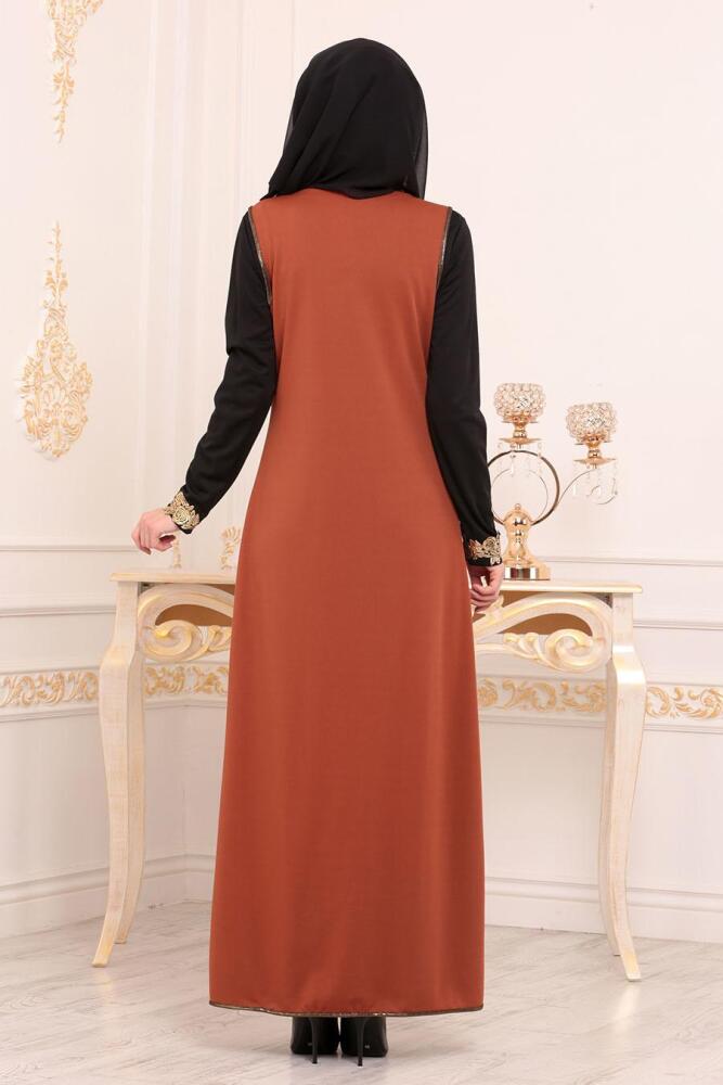 Nayla Collection - Yelekli Taba Tesettür Elbise 100303TB - 4