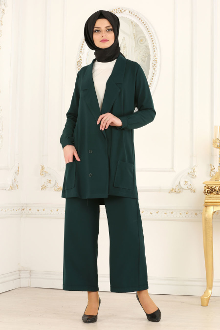 Nayla Collection - Yeşil Ceket / Pantolon Tesettür Takım 53530Y